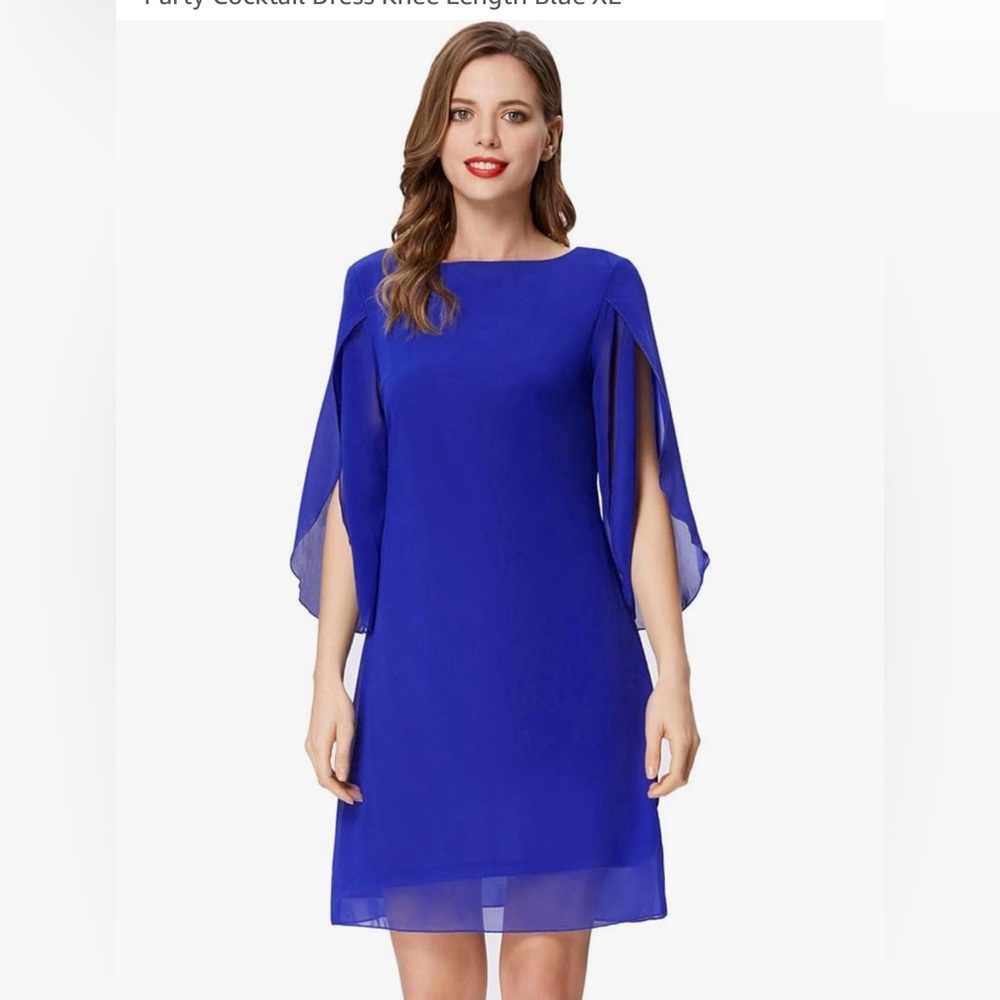 GRACE KARIN Women Casual Office Dress 3/4 Sleeve Chiffon Knee Length Blue XL